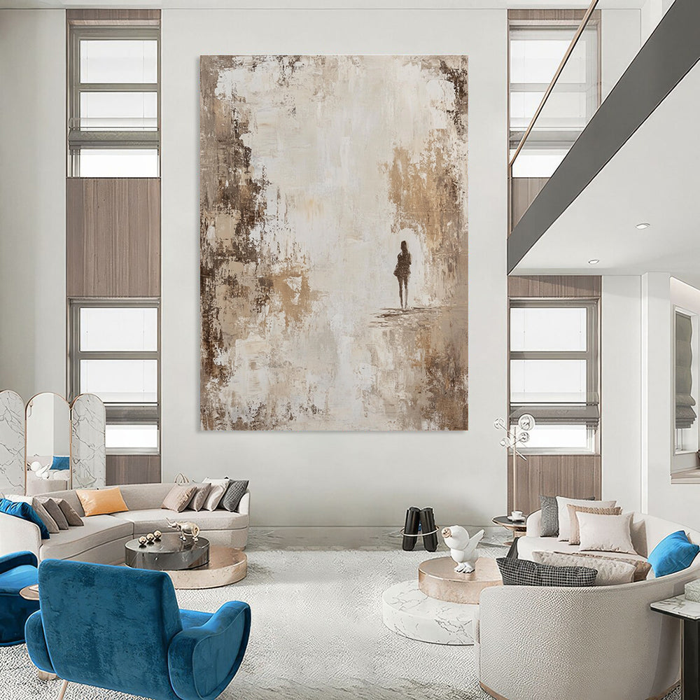 Large abstract painting featuring a beige and white distressed background with neutral tones that add a vintage feel and subtle elegance to any space.STSC905