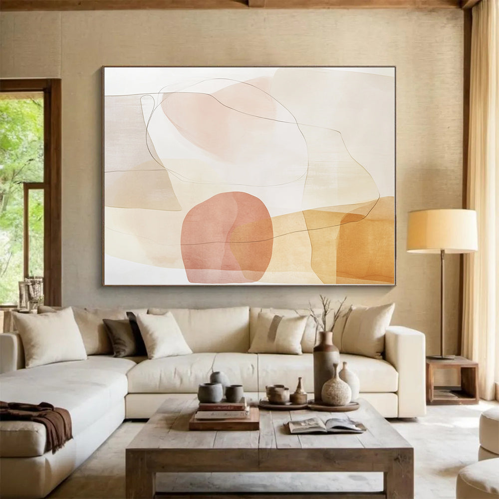 Soft - Toned Beige and Pink Abstract Painting with Delicate Lines GER260