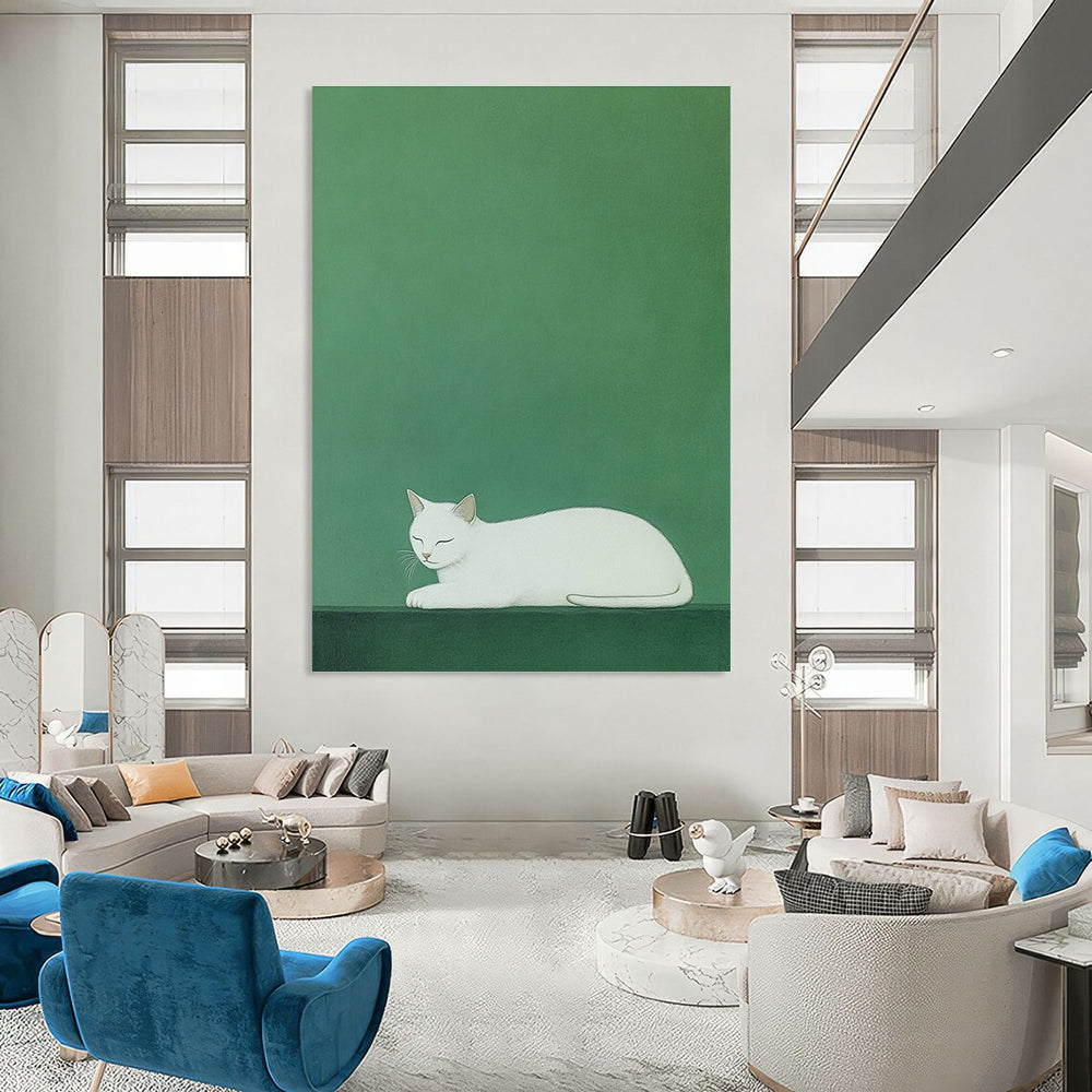A large abstract painting featuring a white cat on a vibrant green background inspired by Euan Uglow and Atey Ghailan's styles.STSC1473