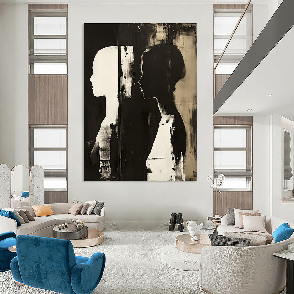 Large abstract painting featuring two profile figures in contrasting tones against a dark monochrome background.STSC1448