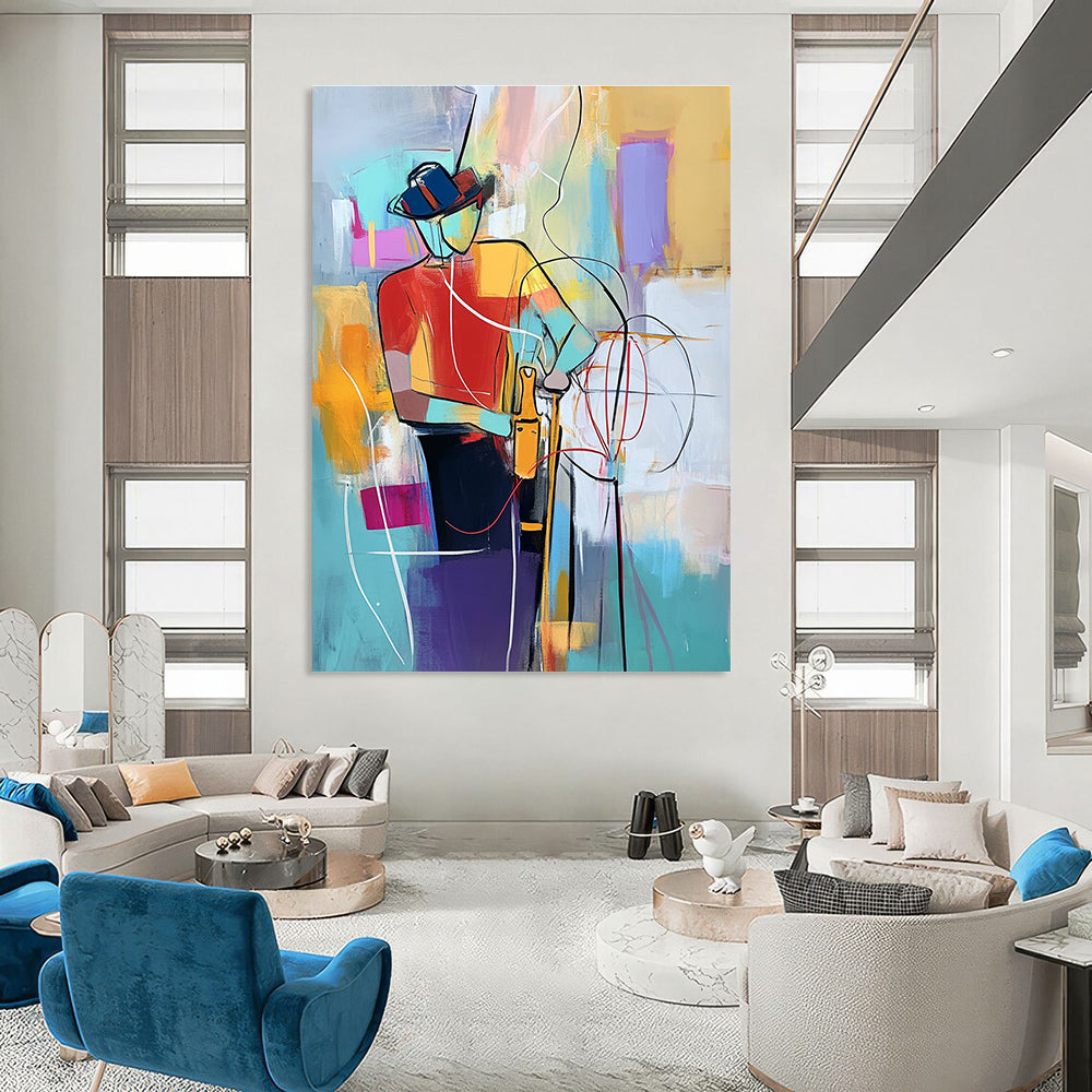 Large abstract painting of an electrician with vibrant colors dynamic lines and geometric patterns showcasing energy and creativity in the craft.STSC554