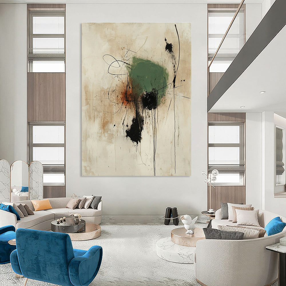 Large abstract painting featuring thick green shape with black accents and rust lines on an off-white background creating rich texture and depth.STSC1186