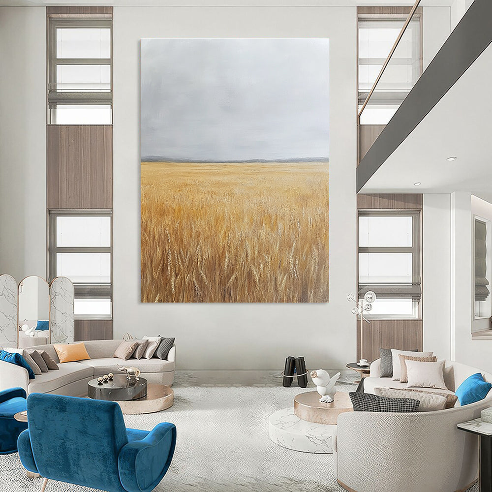 Large abstract oil painting depicting a large wheat field under a grey sky with yellowing grass tones.STSC1034