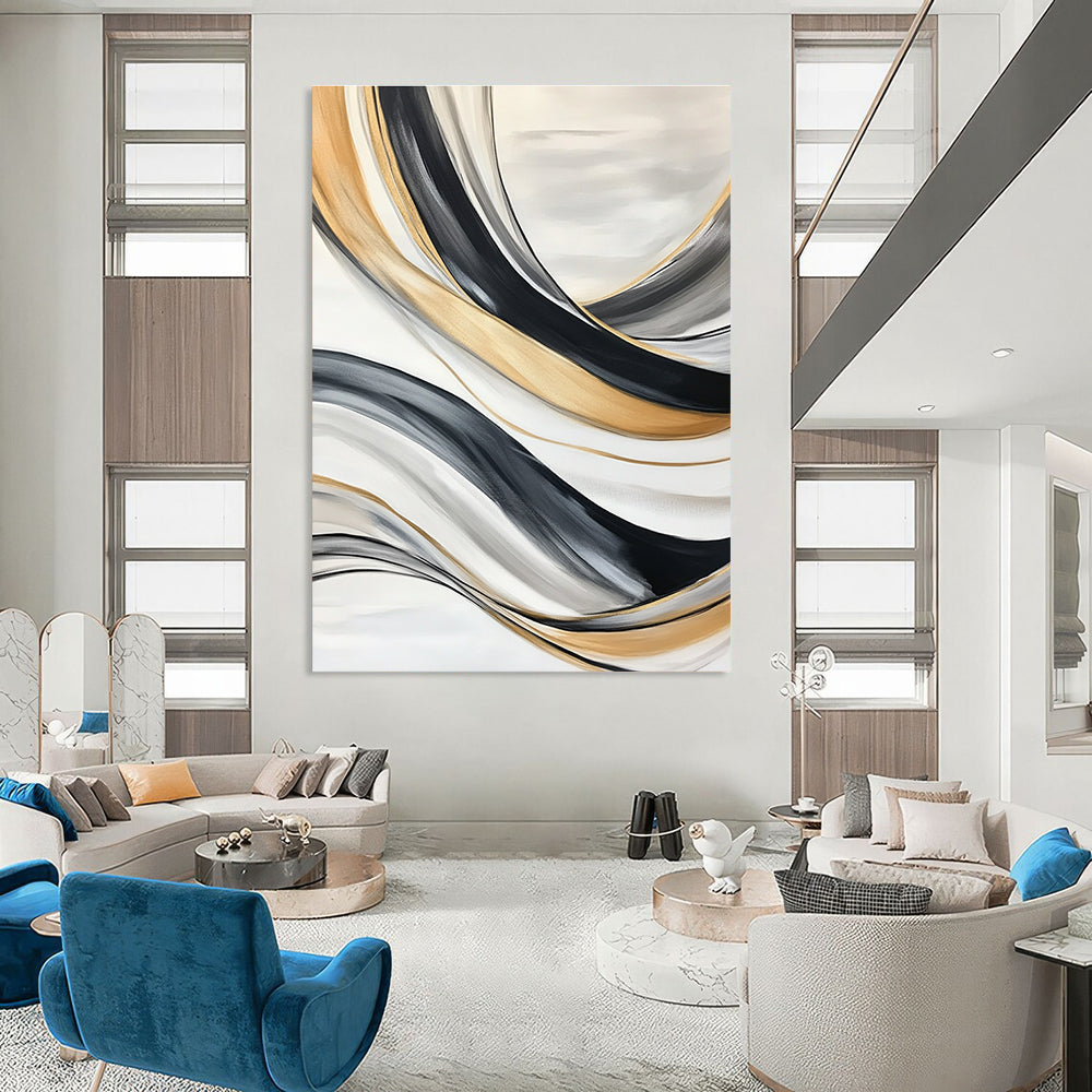 Large abstract painting with black gray and white lines featuring flowing forms swirling vortices soft edges blurred details and a gold accent.STSC739