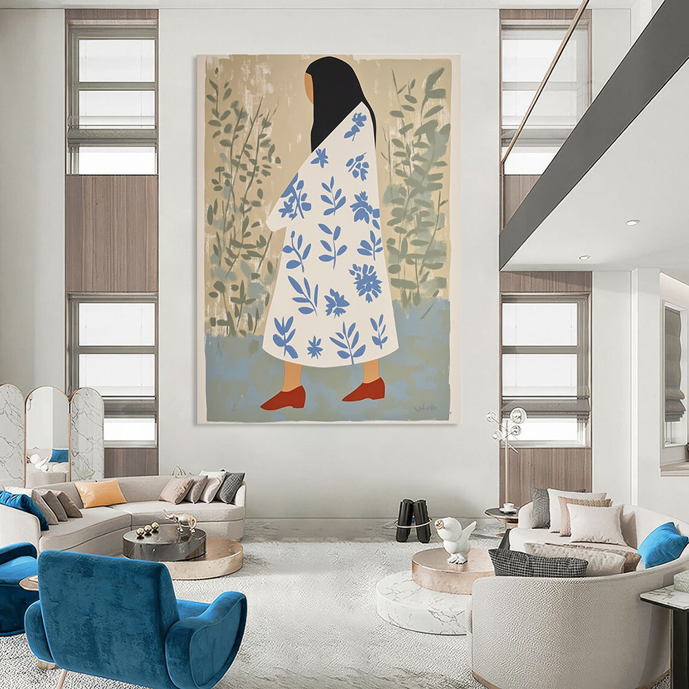 Abstract artwork featuring a woman in a floral robe with red shoes and long black hair against a beige and green background.STSC1260