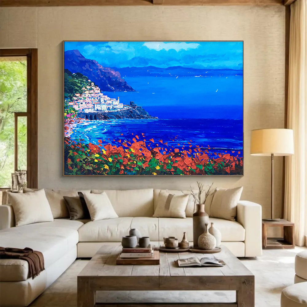 Cliffside Village at Night Abstract Painting THY434