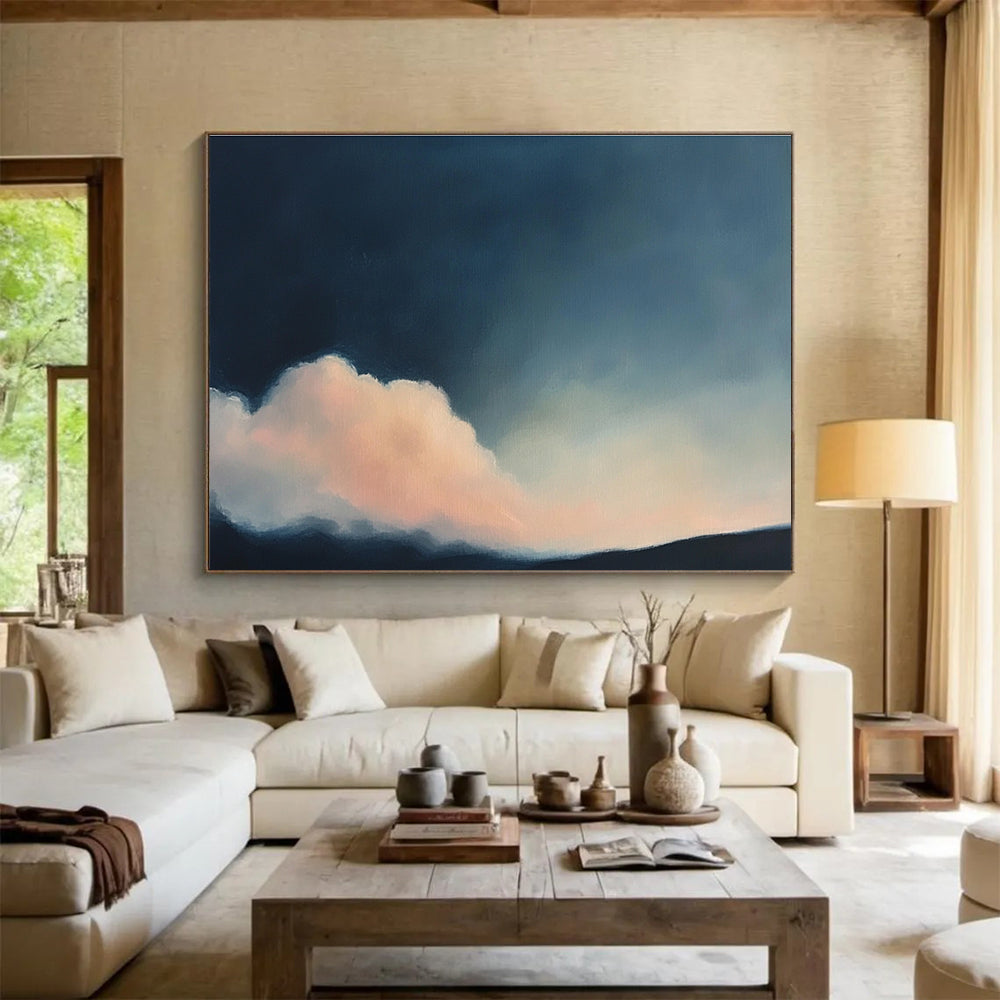 A large abstract painting of clouds in soft pink and dark blue, inspired by Cecily Mary Barker's atmospheric style.SC408