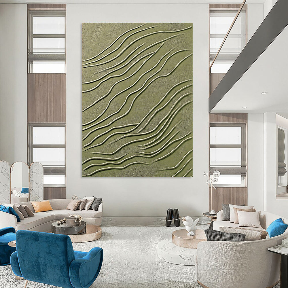Abstract artwork featuring modern organic lines in olive green with white accents and textured details for an elegant decorative touch.STSC1359