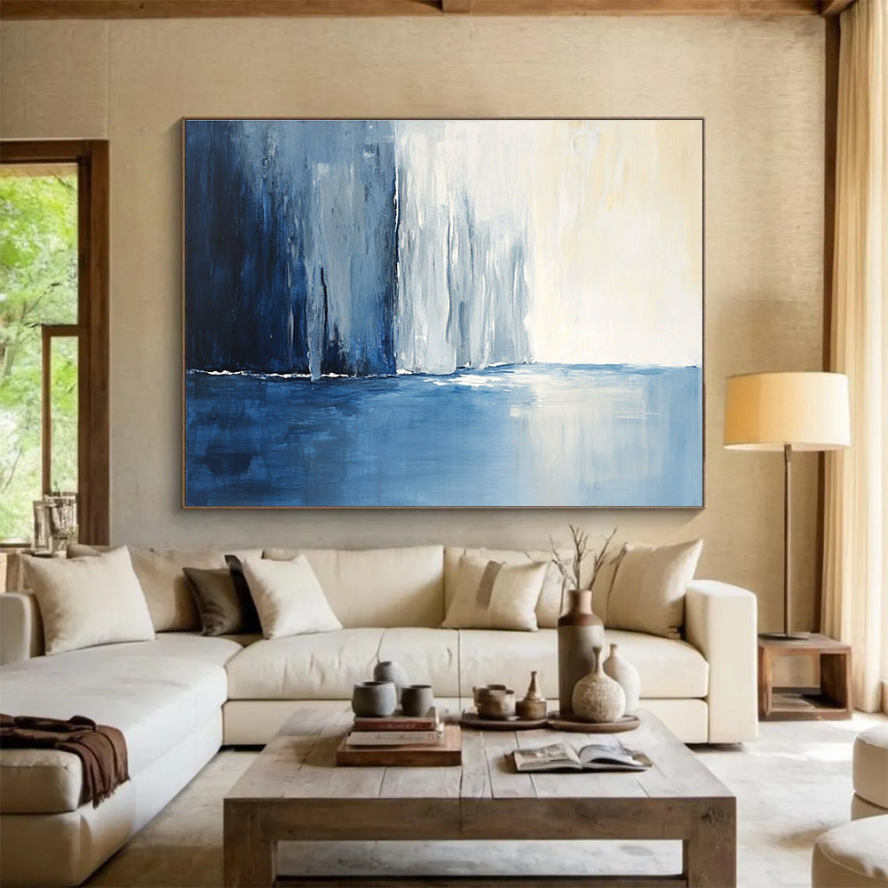 Large abstract painting of an icy blue river and snow-covered cliffs reflecting light, featuring dynamic brushstrokes and a deep gradient background.SC045