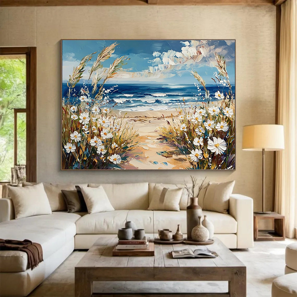 Large abstract painting of the sea with wildflower-covered beach and daisies under a blue sky capturing nature's beauty.SC420