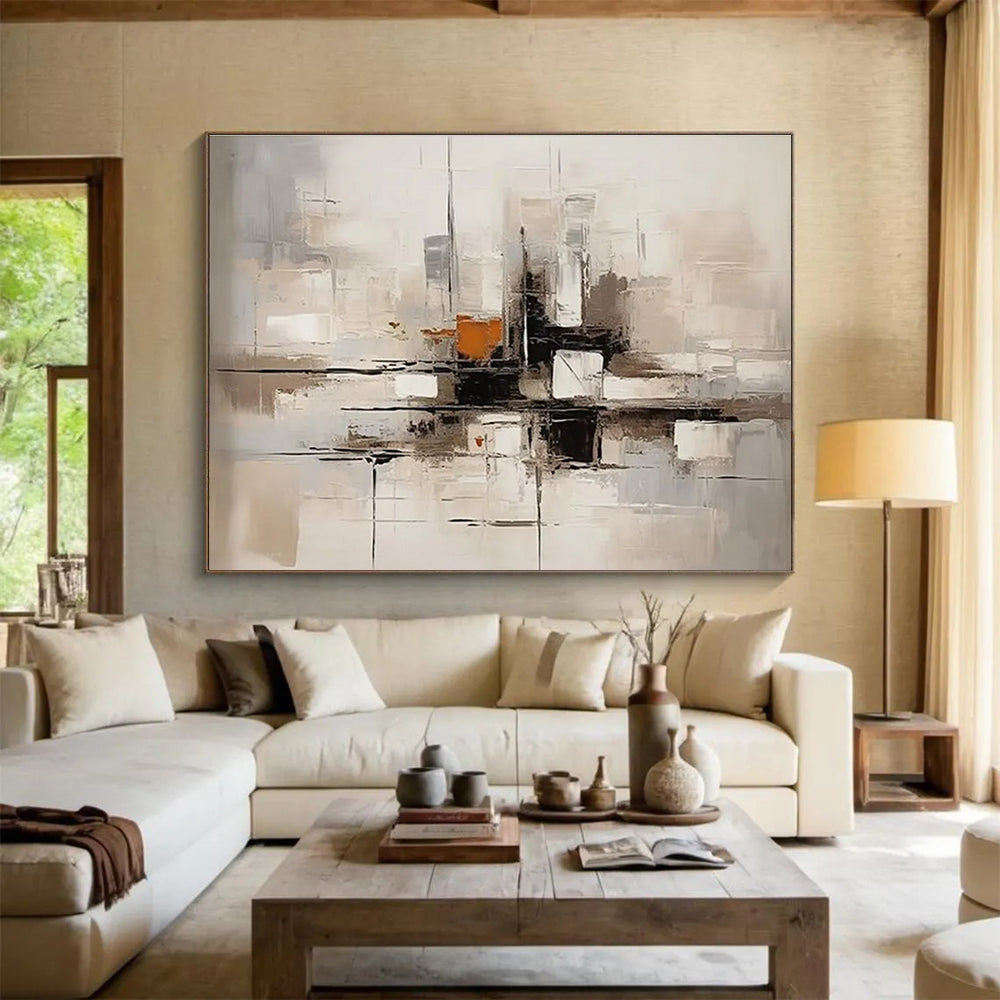 Gray Orange Abstract Painting with Architectural Abstraction THY322