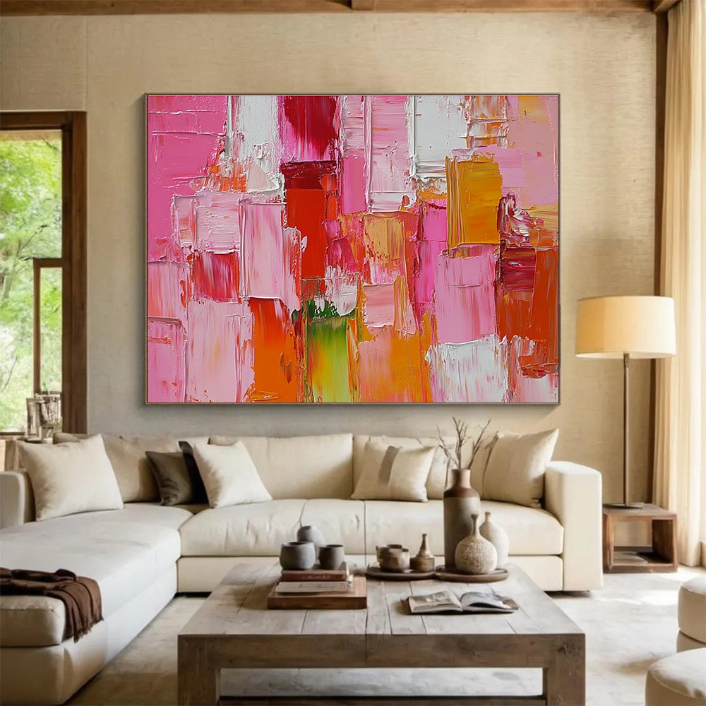 Colorful Block Abstract Painting with Pink and Orange Tones DYP271