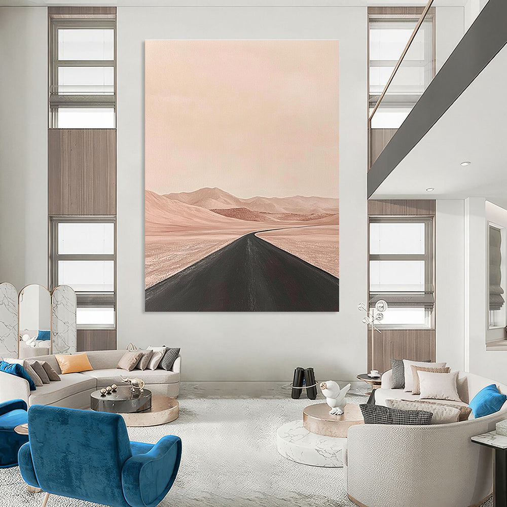 Large abstract painting of a desert scene featuring an empty road in the foreground with muted tones in a minimalist style.STSC1093