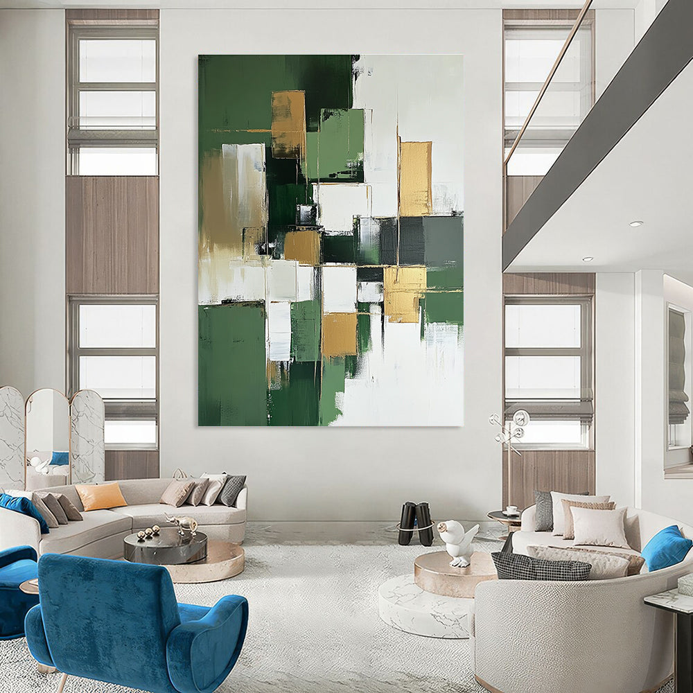 Large abstract painting in green and white with minimalist gold accents creating a striking focal point for any space.STSC611