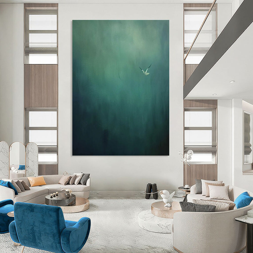 Solitary Bird Abstract Painting with Muted Greens ADGE477