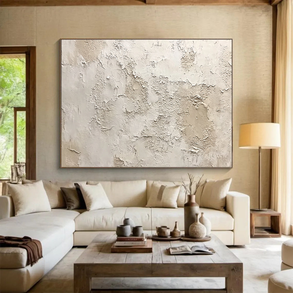 Large abstract painting of a textured white wall with shades of gray beige and brown showing organic shapes and a weathered appearance.SC183