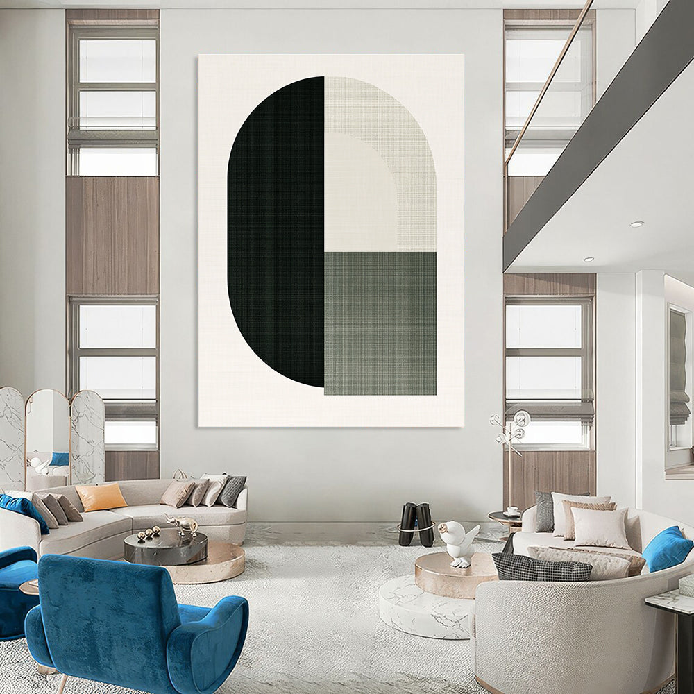 A large abstract illustration featuring an arch and half circle in green shades symbolizes the letter O for a top-grain rug brand.STSC1179