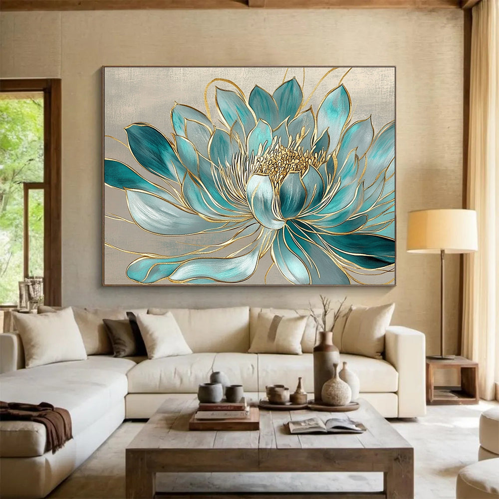 Blue Gold Lotus - Ornate Floral Abstract Painting DYP015