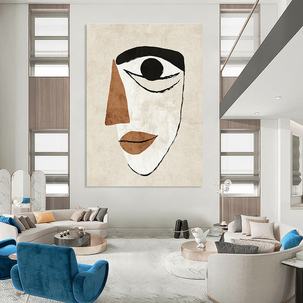Large abstract illustration featuring a simple face with an eye and a nose in Matisse style on a textured beige background.STSC990