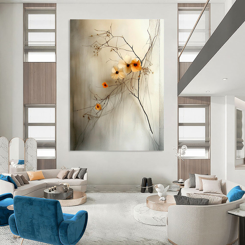 Abstract artwork featuring delicate wildflowers with a small orange bloom against a soft gray background emphasizes calmness and balance through intricate string-like details.STSC856