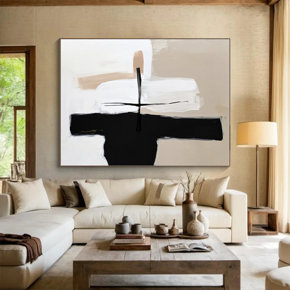 Beige Black and White Abstract Painting with Simple Compositions GER668
