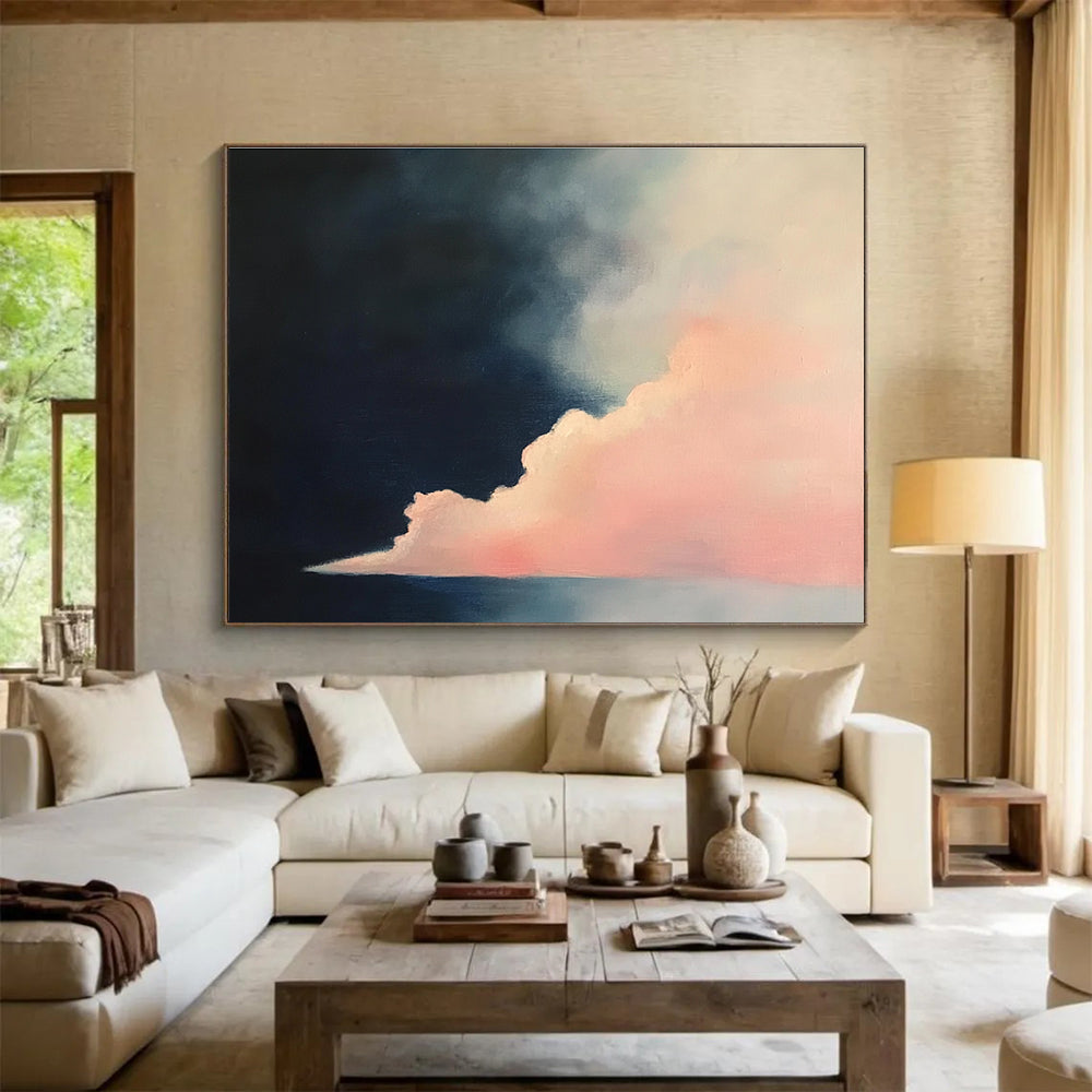 Dramatic Cloud Contrast Abstract Painting with Pink and Dark Blue Tones DYP566