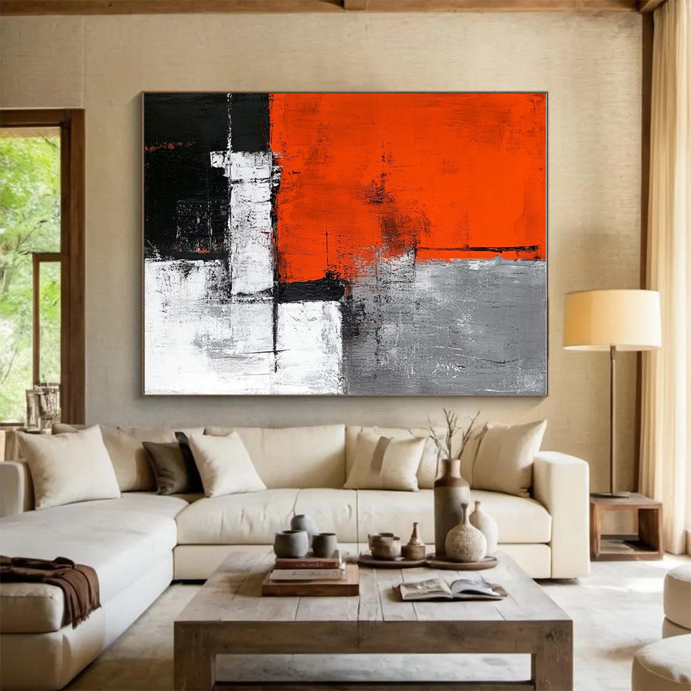 Orange Gray and Black Abstract Painting with Textured Blocks GER660