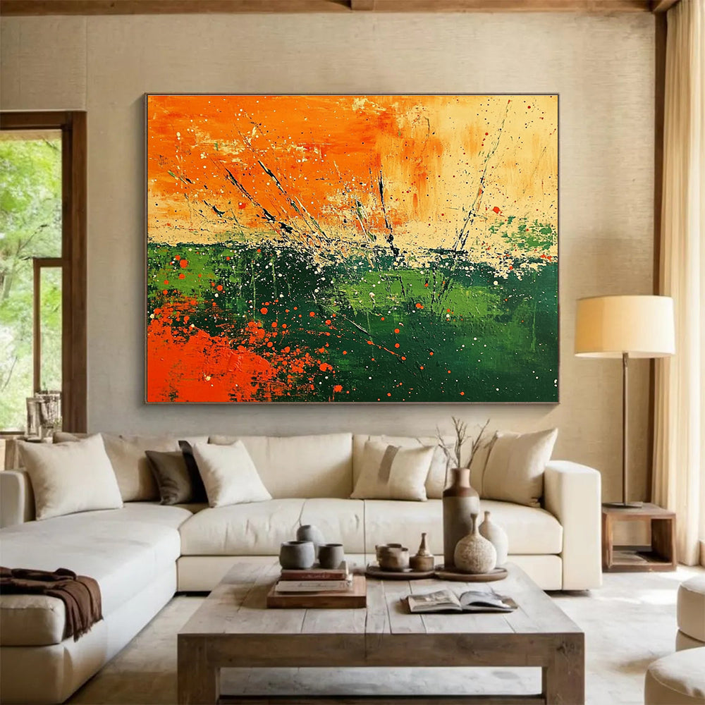 Abstract landscape featuring vibrant orange and green hues with textured brush strokes and splattered paint adds a unique touch to any space.SC090