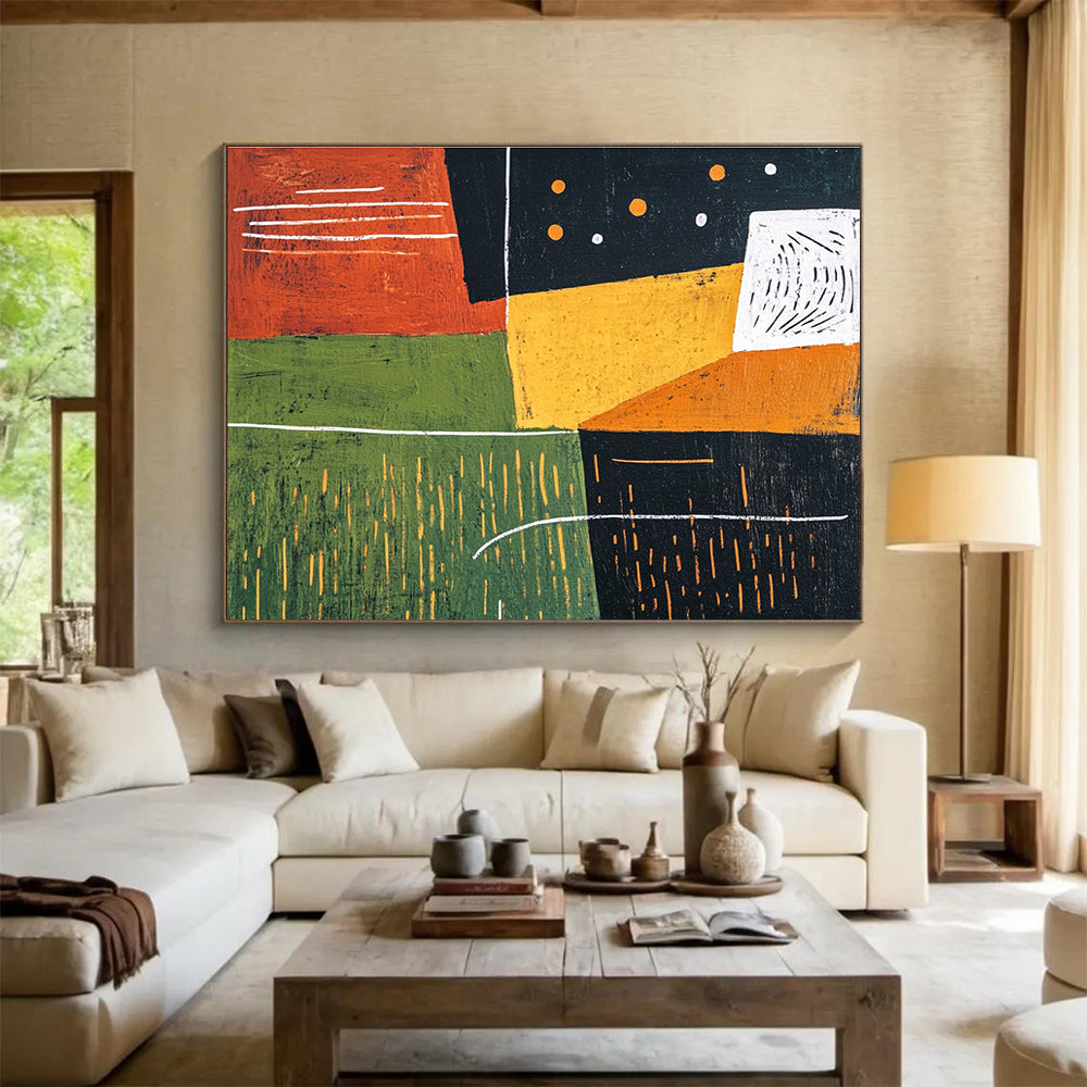 This large abstract painting features bold green orange and black shapes with a dark red background and geometric figures evoking movement and freedom.SC520