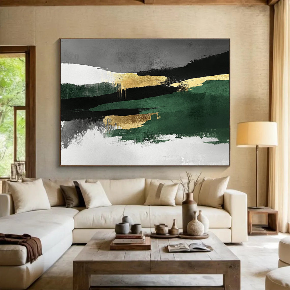 Green Gold and Gray Abstract Landscape Painting with Bold Brushstrokes DYP211