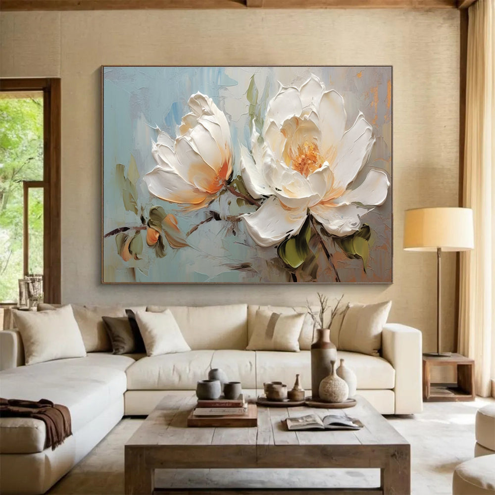 White Peony Textured Abstract Painting with White, Orange, and Green Tones THY174