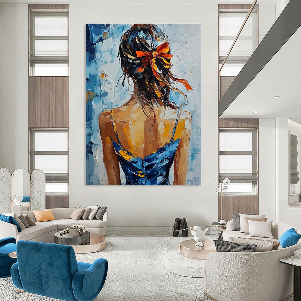 A large abstract painting featuring an elegant woman in a blue and yellow dress with red ribbons against a soft blue and white background.STSC879