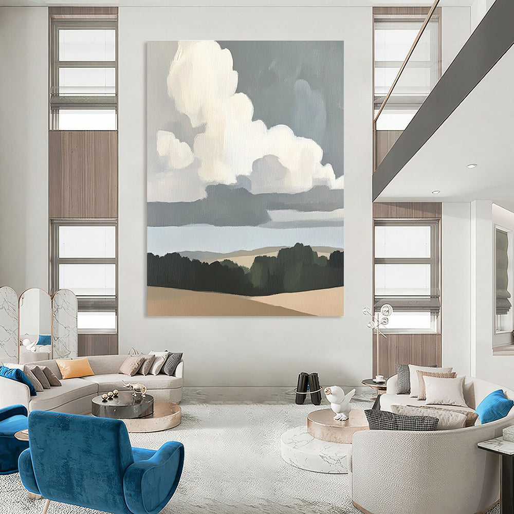 Abstract painting of clouds over plains featuring neutral colors and soft tones inspired by Merian and Morris with thick brush strokes.STSC1390