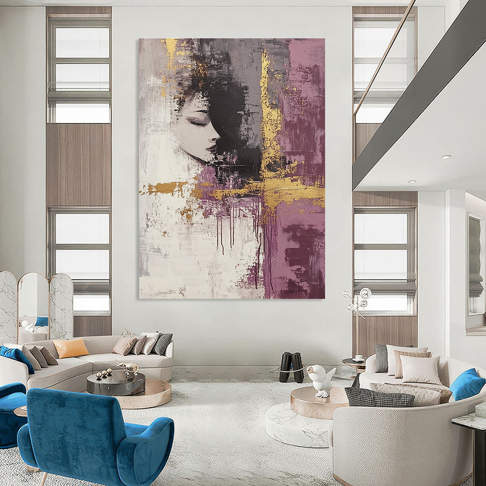 Large abstract art painting featuring dark gray and mauve tones accented with gold and neutral hues to enhance any modern space.STSC009