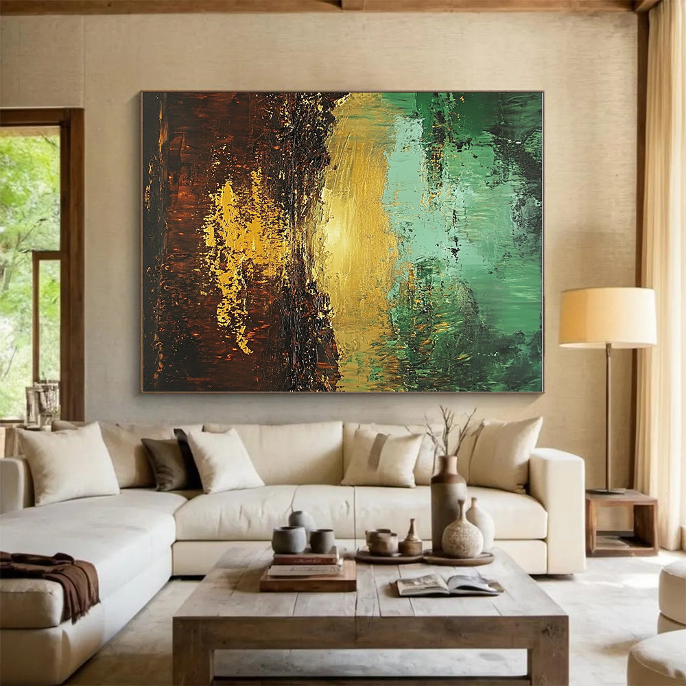 Green and Gold Abstract Painting with Textured Layers GER430