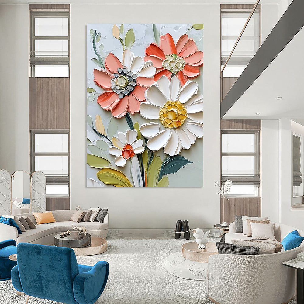 Large abstract painting of textured flowers in vibrant colors featuring a close-up of a delicate daisy-like bloom in a vintage modern style.STSC1126