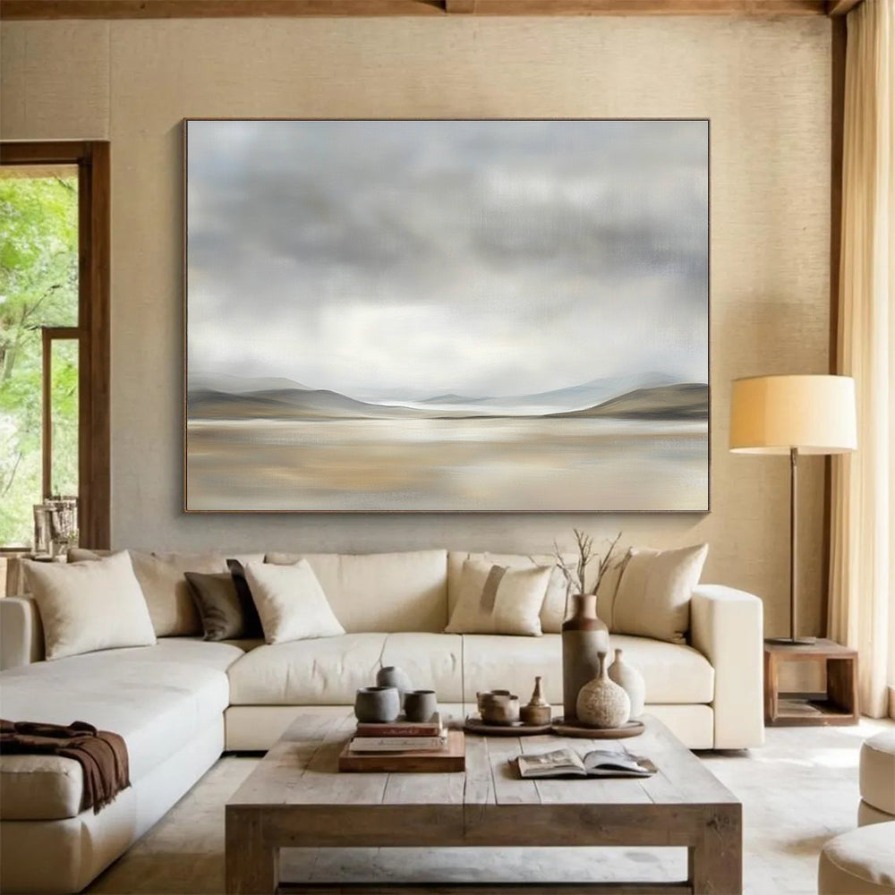 Large abstract painting depicting the Scottish Highlands with muted colors and soft brushstrokes, creating a serene and peaceful atmosphere.SC073
