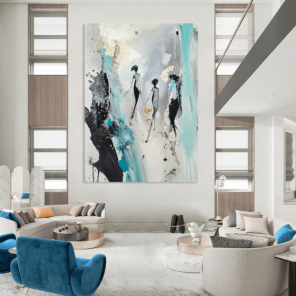 Large abstract painting on paper with pastel polka dots and stripes adorned with tiny hearts and stars at each dot's edge.STSC726