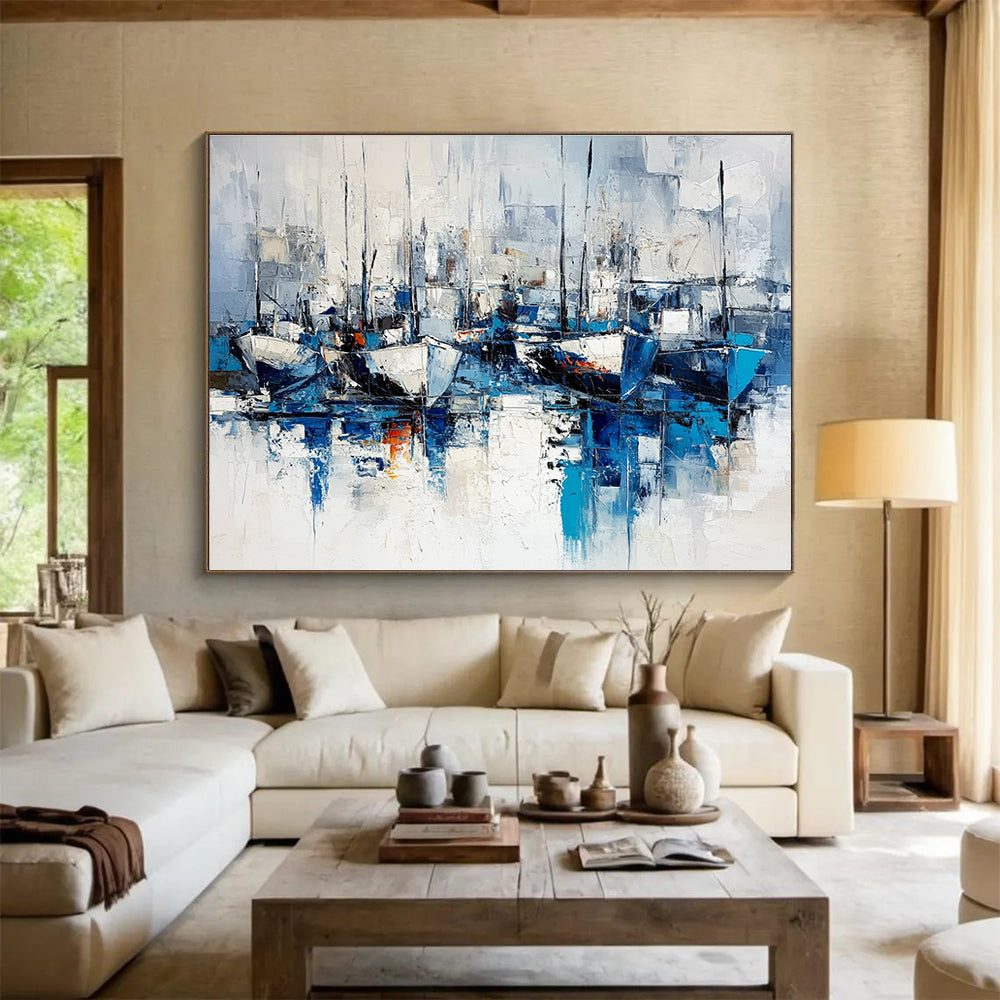 Large abstract painting featuring blue and white hues on a white background capturing chaotic ships and docks in a cool mysterious atmosphere.SC030