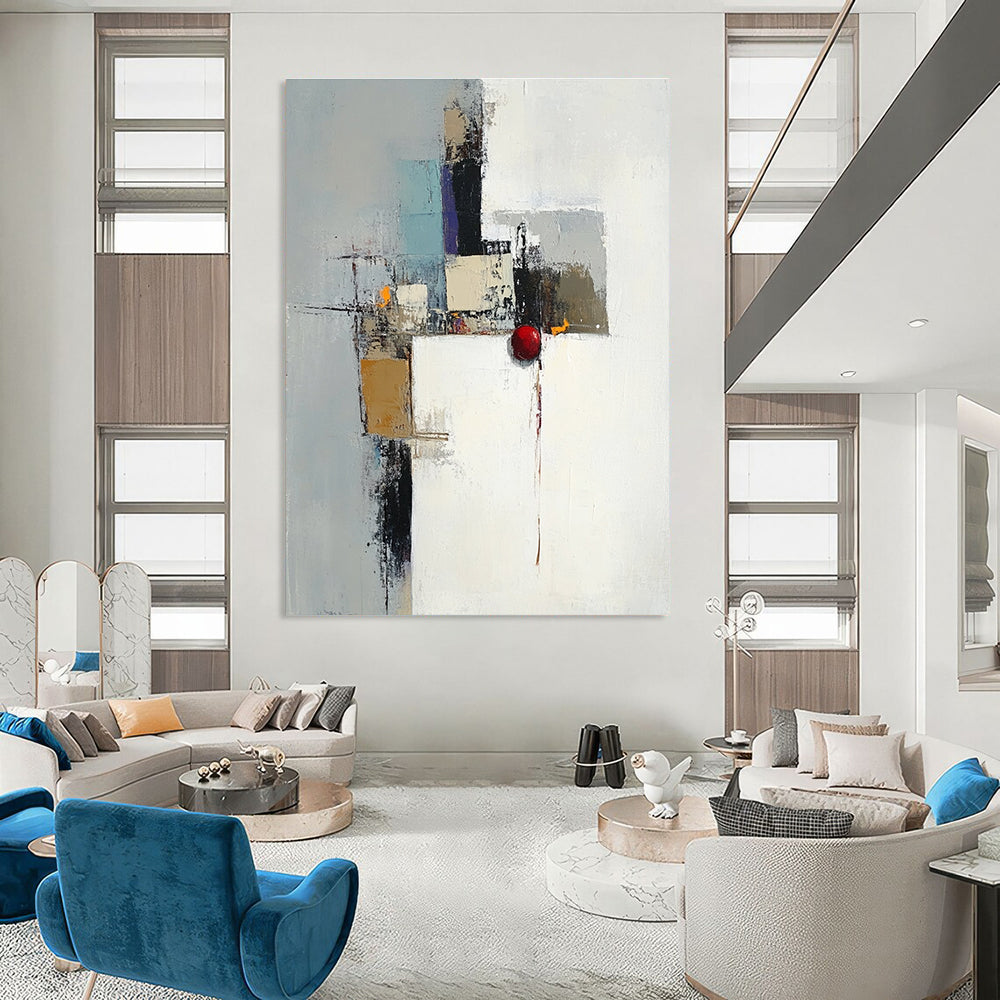 Large abstract painting in white gray and brown featuring a red object with an industrial cityscape in the background and expressive brush strokes.STSC615