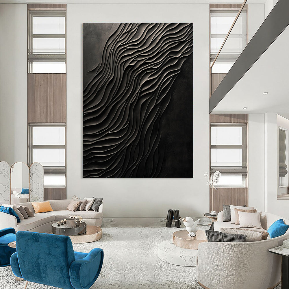 Large abstract art piece featuring dark carved wood with smooth forms and a monochromatic gray palette creating a mysterious atmosphere.STSC1289