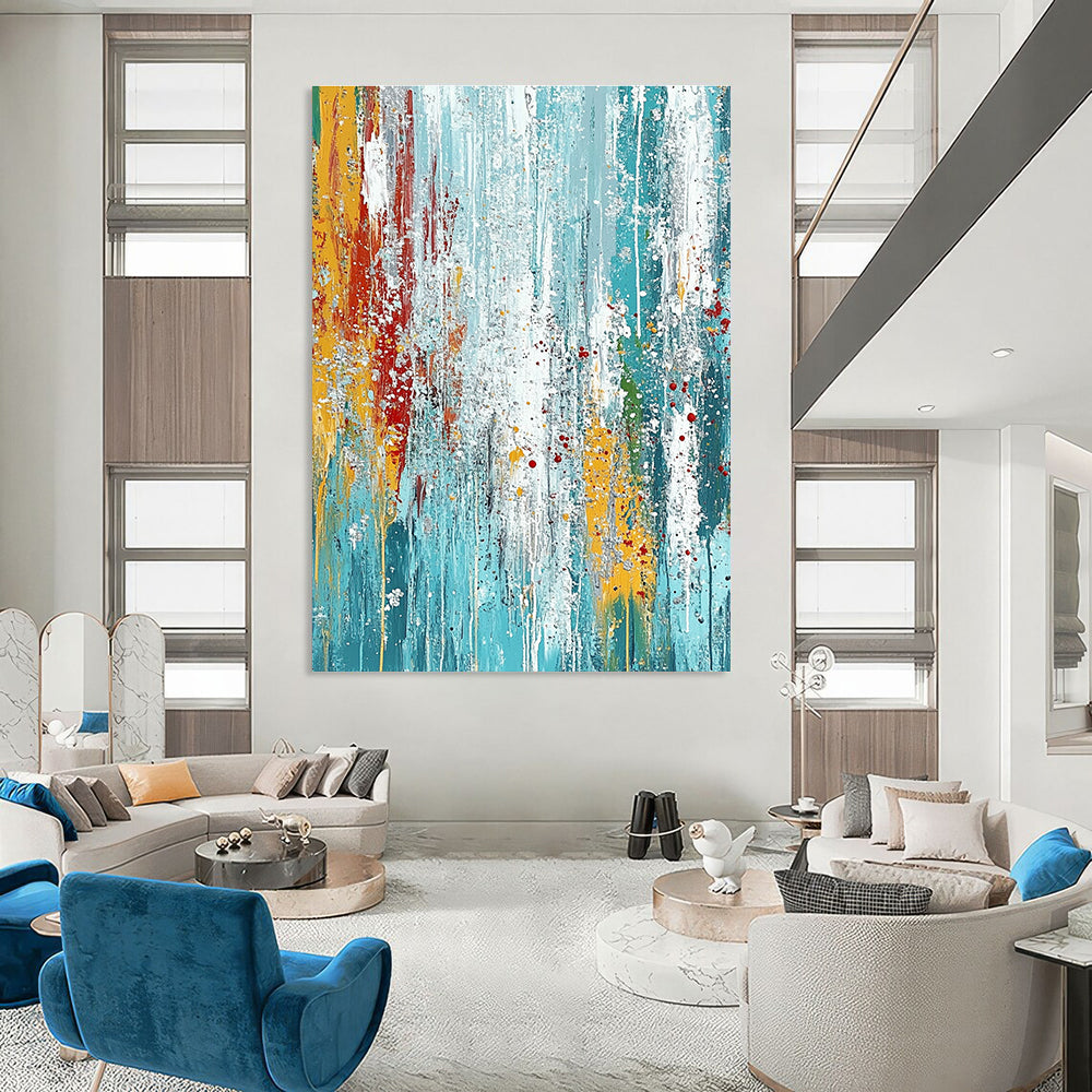 Large abstract painting on textured canvas featuring blue and teal hues with vibrant paint drips and dynamic brush strokes for an energetic feel.STSC719