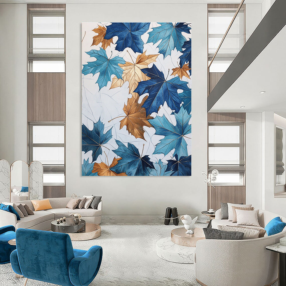 Large abstract painting of blue and gold maple leaves with metallic accents on a white background inspired by John Derric's style.STSC1154