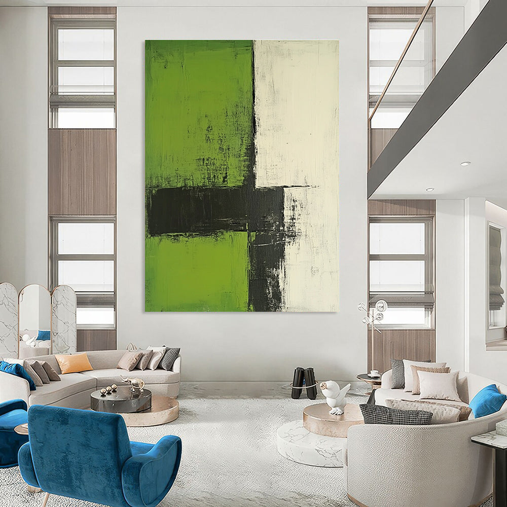 Large abstract painting with green and white colors featuring minimalist brushstrokes black lines and strong texture in a simple composition.STSC422