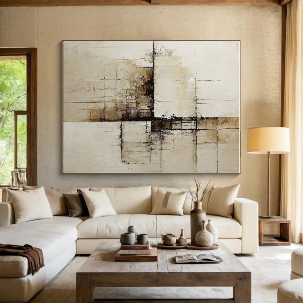 Beige and Brown Abstract Painting with Architectural Lines GER547