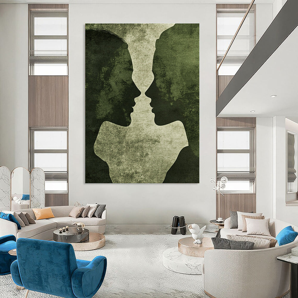 Abstract artwork featuring minimalistic male and female silhouettes in vintage green tones with grunge texture and deep shadows on a dark grey background.STSC1446