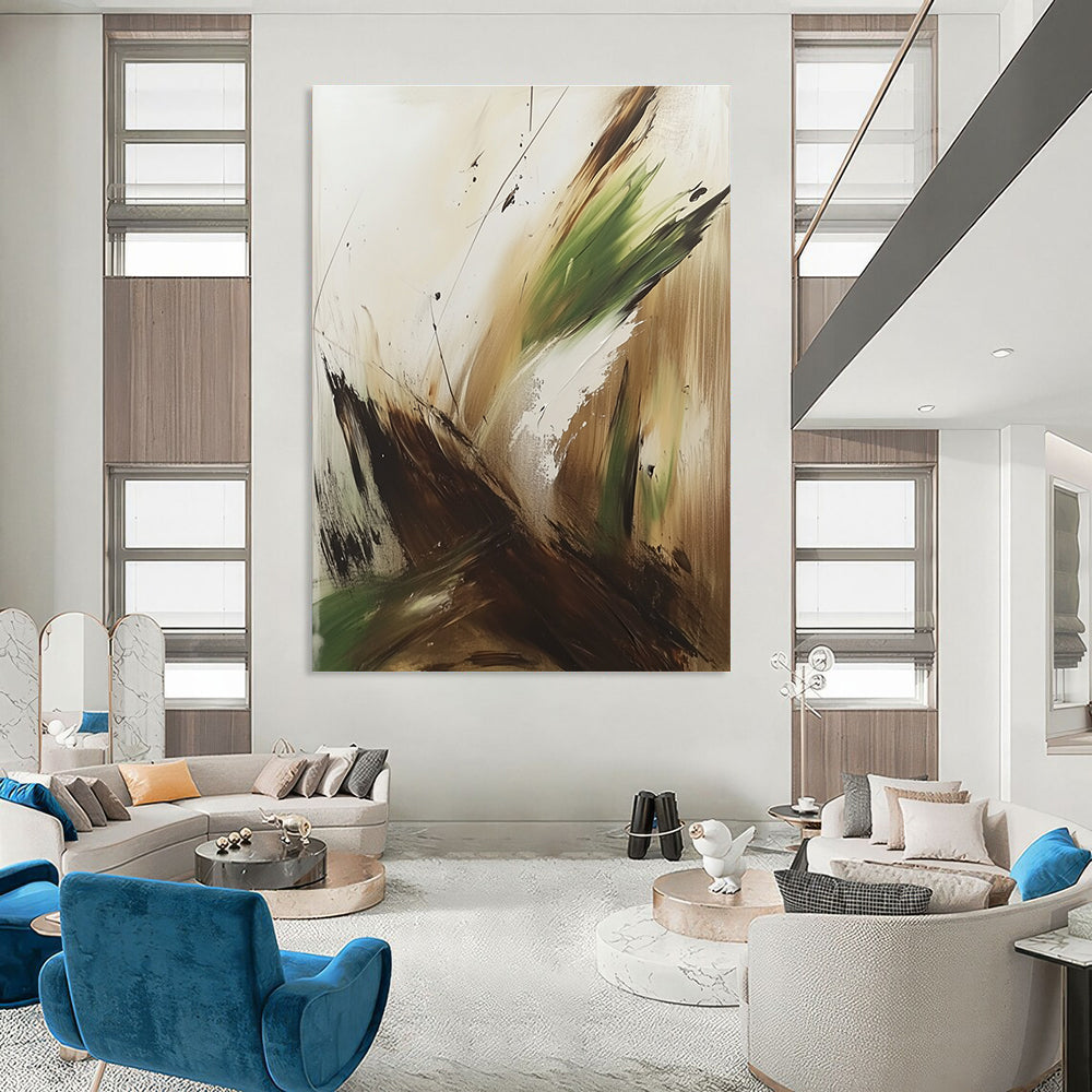 Large abstract painting in earthy brown green and white tones featuring thick brush strokes and splashes inspired by Marjane Satrapi.STSC752