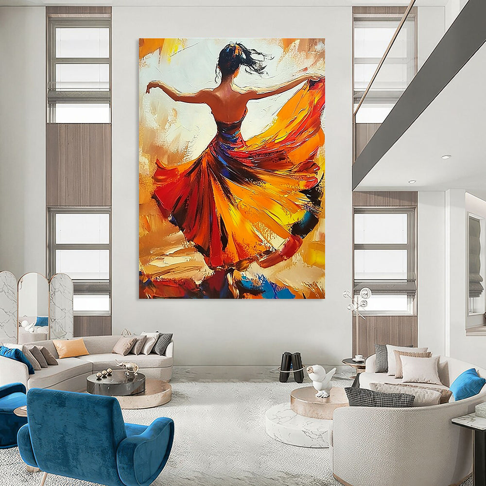 Abstract oil painting of a woman in a flowing flamenco dress dancing with her arms wide open in warm colors.STSC174