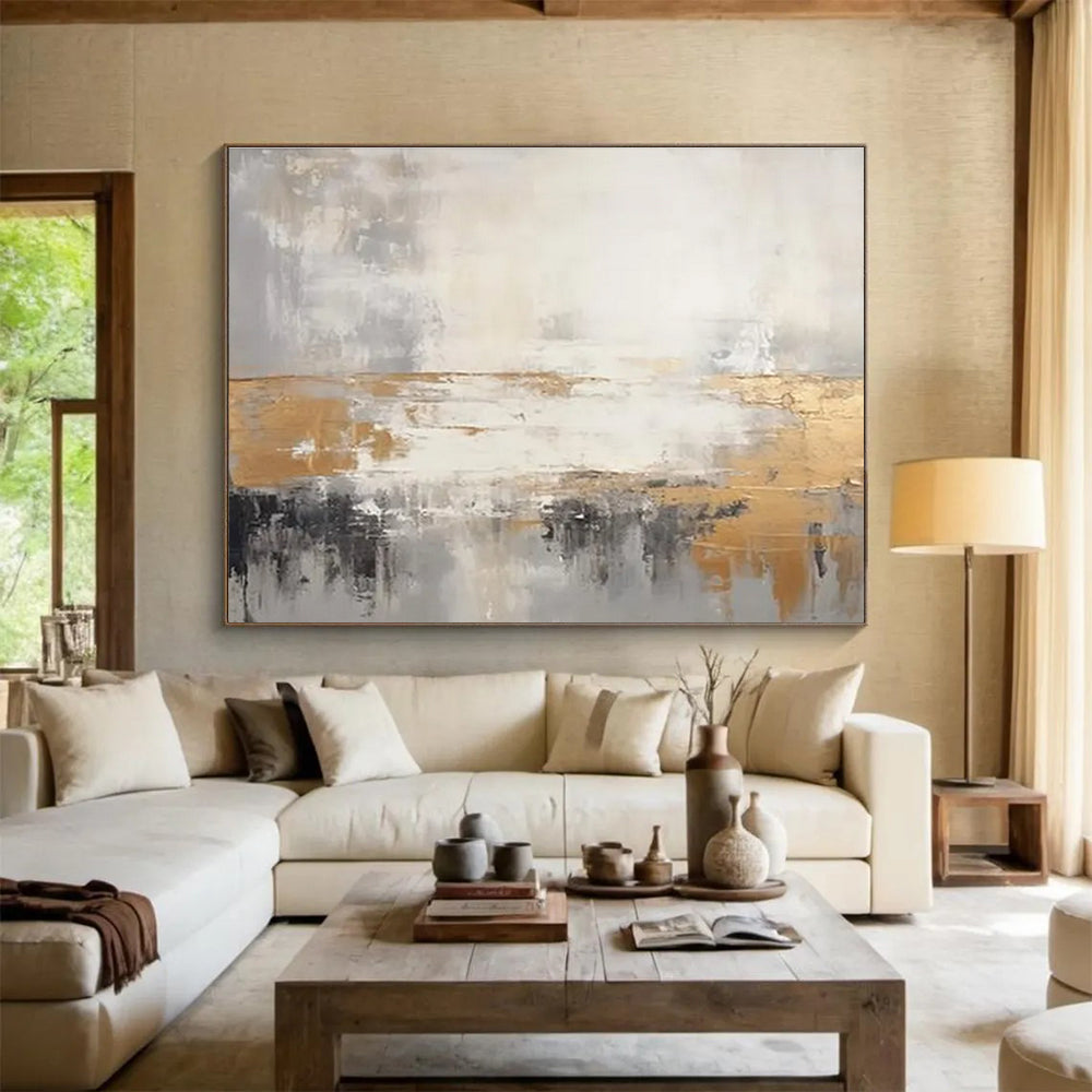 Grey and Gold Minimalist Abstract Landscape - like Painting THY107