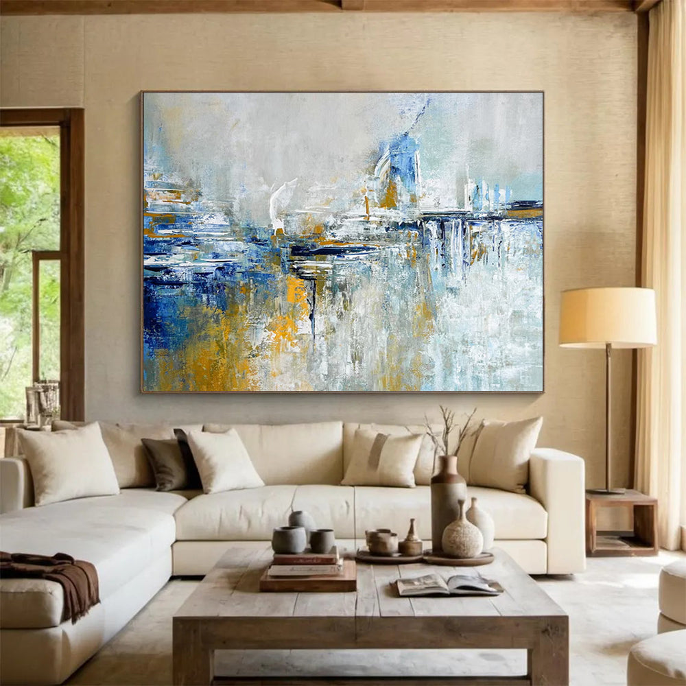 Cityscape Abstract Painting with Blue, Gray, and Gold THY347